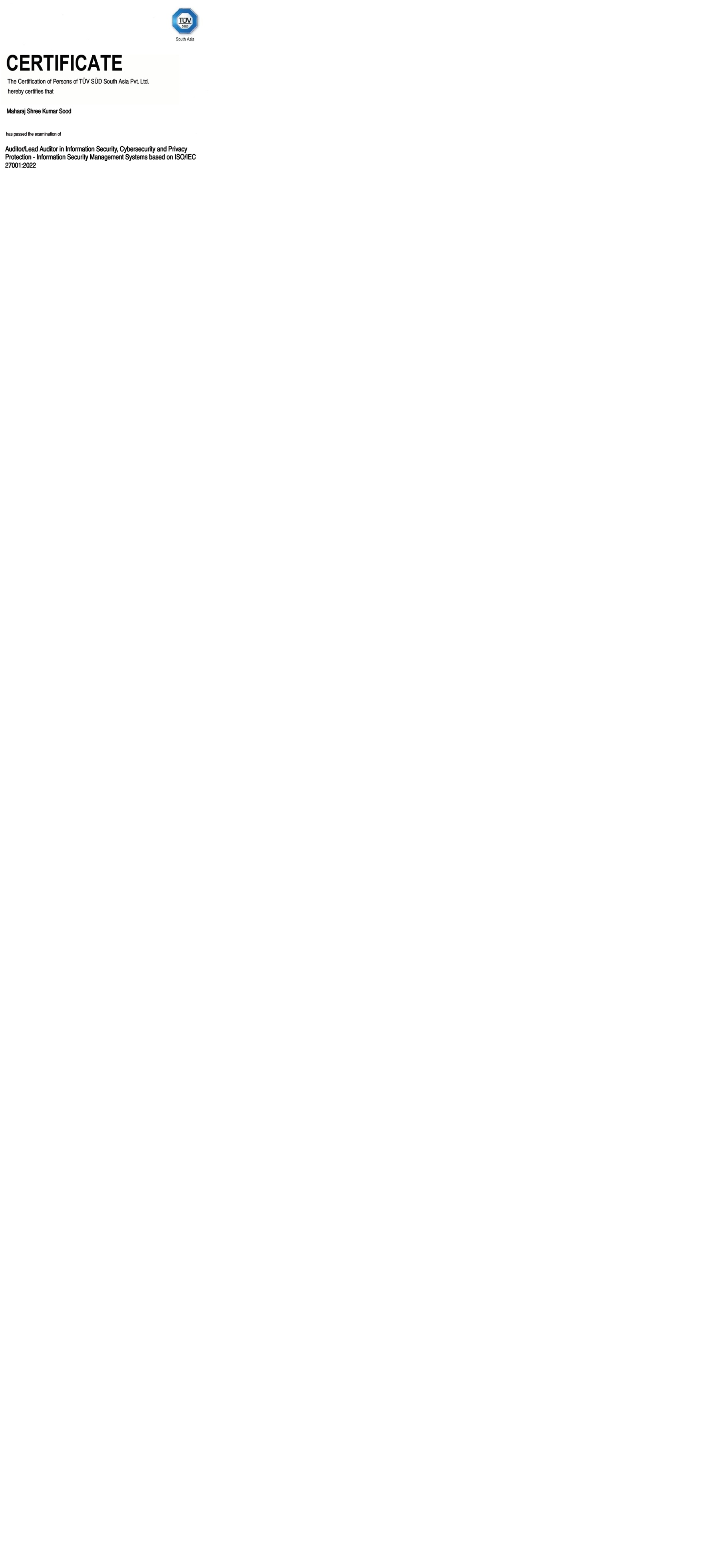 TÜV SÜD ISO/IEC 27001:2022 Lead Auditor Certificate